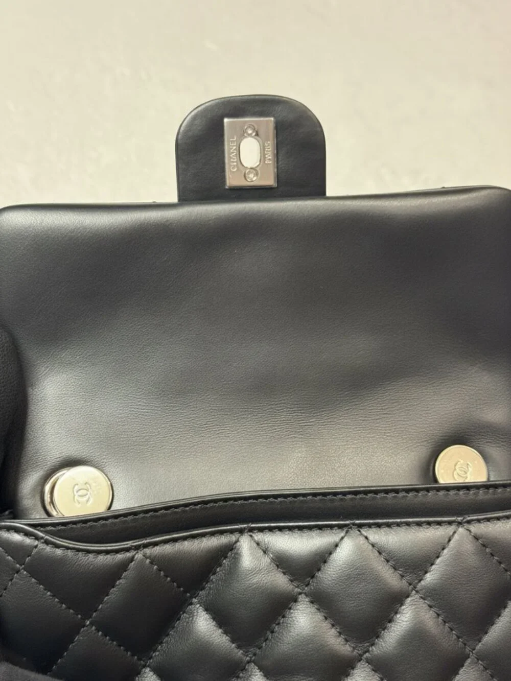 CHANEL Uniform Flap Bag Black Quilted Lambskin Silver CC Crossbody Belt Bag Conv